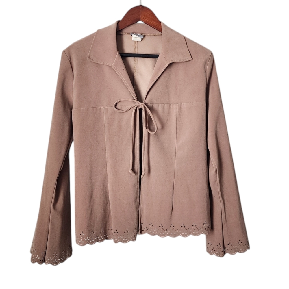 RAVE x VINTAGE tie front Y2K scalloped trim long sleeve cardigan tan nude